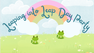 Leaping into Leap Day Party. Rainbow and clouds above grassy area with frogs. 